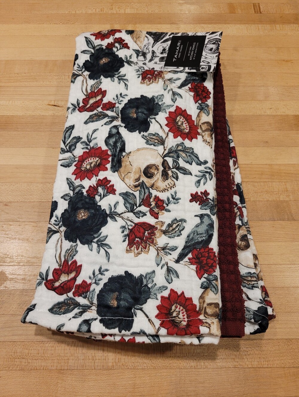 Tahari Floral Skull Print Kitchen Towel Set — White with Red, Black & Deep Slate